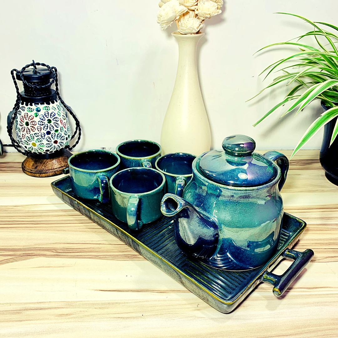 Homefrills Premium Stoneware Handmade Glossy Ceramic Tea Kettle Set with 4 Cups(150ml), 1 Kettle(400ml)& 1 Tray /Ceramic Good Morning Set- Set of 6 Colour-Green,Microwave Safe